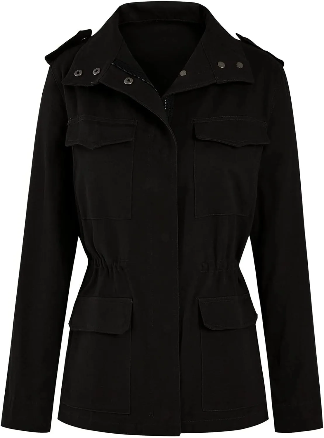 Miyaomn Military Safari Utility Casual Jacket for Women Zip Up Snap Button Turndown Collar Lightweight Fall Coat with Pockets