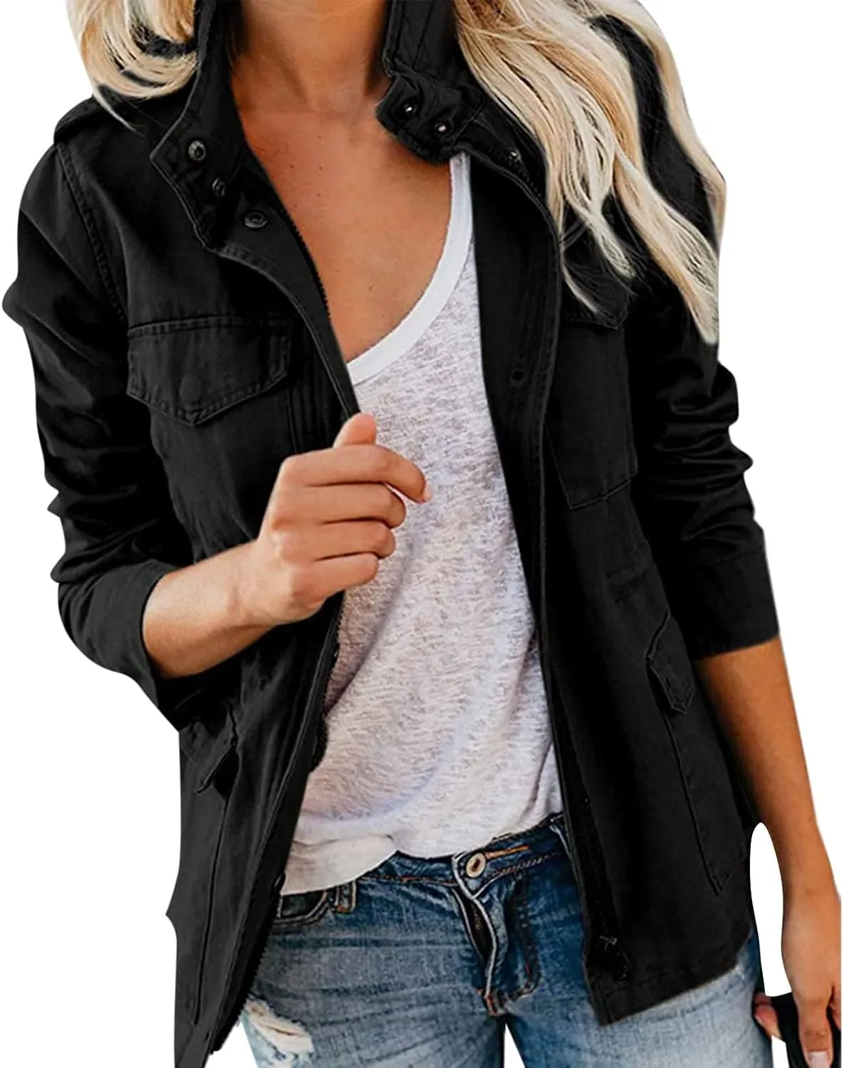 Miyaomn Military Safari Utility Casual Jacket for Women Zip Up Snap Button Turndown Collar Lightweight Fall Coat with Pockets