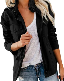 Miyaomn Military Safari Utility Casual Jacket for Women Zip Up Snap Button Turndown Collar Lightweight Fall Coat with Pockets