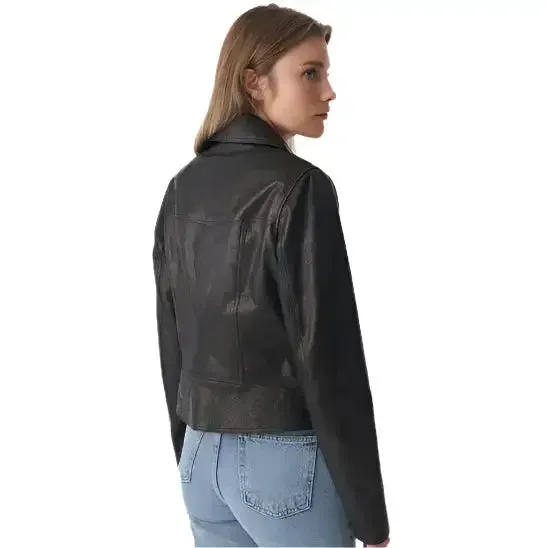 Natural Grain Black Women's Classic Biker Jacket – Stylish & Durable