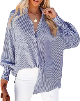 OPOIPIN Women's Striped Print Shirred Long Sleeve Button Down Pocket Blouse Shirt Top