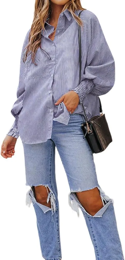 OPOIPIN Women's Striped Print Shirred Long Sleeve Button Down Pocket Blouse Shirt Top
