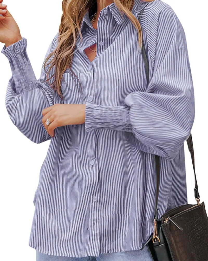 OPOIPIN Women's Striped Print Shirred Long Sleeve Button Down Pocket Blouse Shirt Top