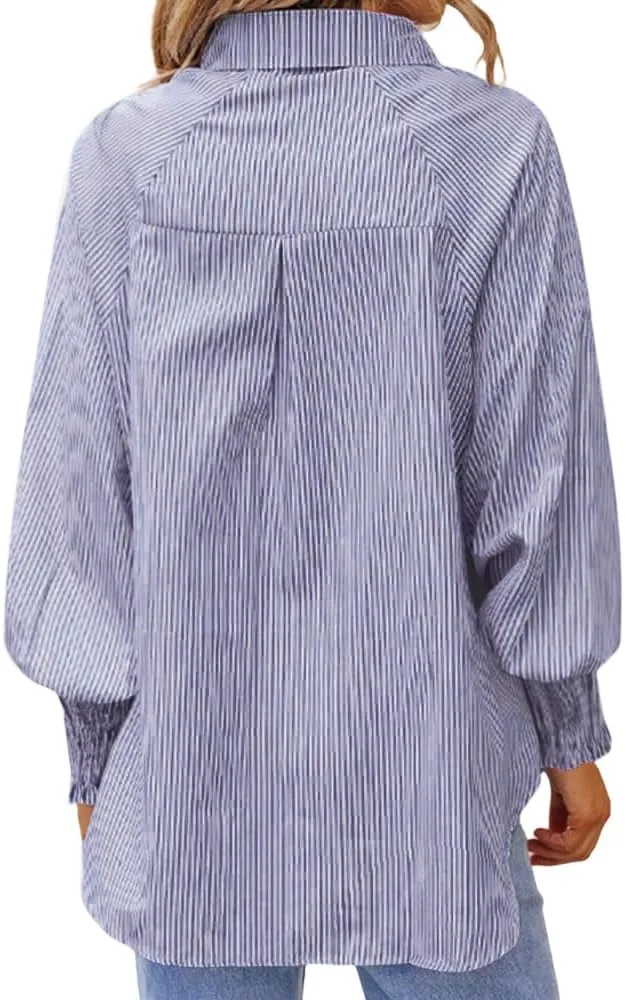 OPOIPIN Women's Striped Print Shirred Long Sleeve Button Down Pocket Blouse Shirt Top