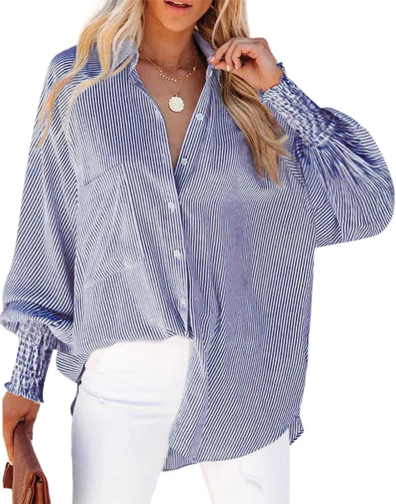 OPOIPIN Women's Striped Print Shirred Long Sleeve Button Down Pocket Blouse Shirt Top