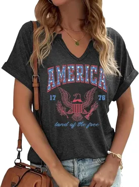 Patriotic V Neck Shirts 4th of July for Women American Flag Graphic Tee Casual Color Block Short Sleeve Summer Tops