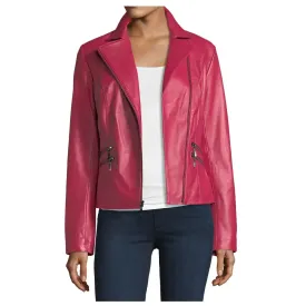 Pink Lambskin Women's Biker Leather Jacket - Stylish & Bold