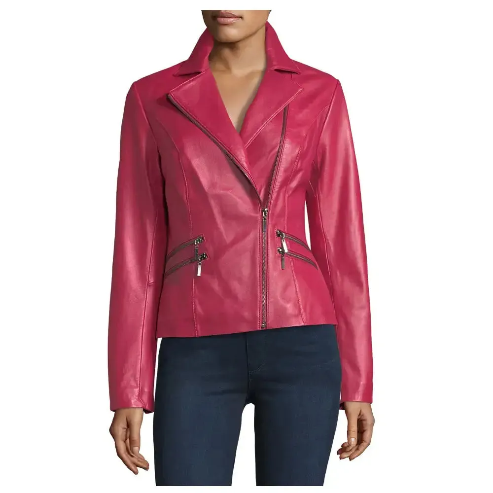 Pink Lambskin Women's Biker Leather Jacket - Stylish & Bold