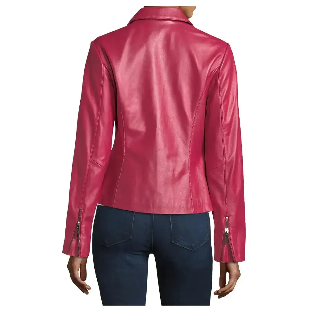 Pink Lambskin Women's Biker Leather Jacket - Stylish & Bold