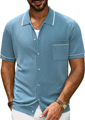 PJ PAUL JONES Men's Knit Button Down Shirts Short Sleeve Vintage Polo Shirt Casual Summer Beach Shirts