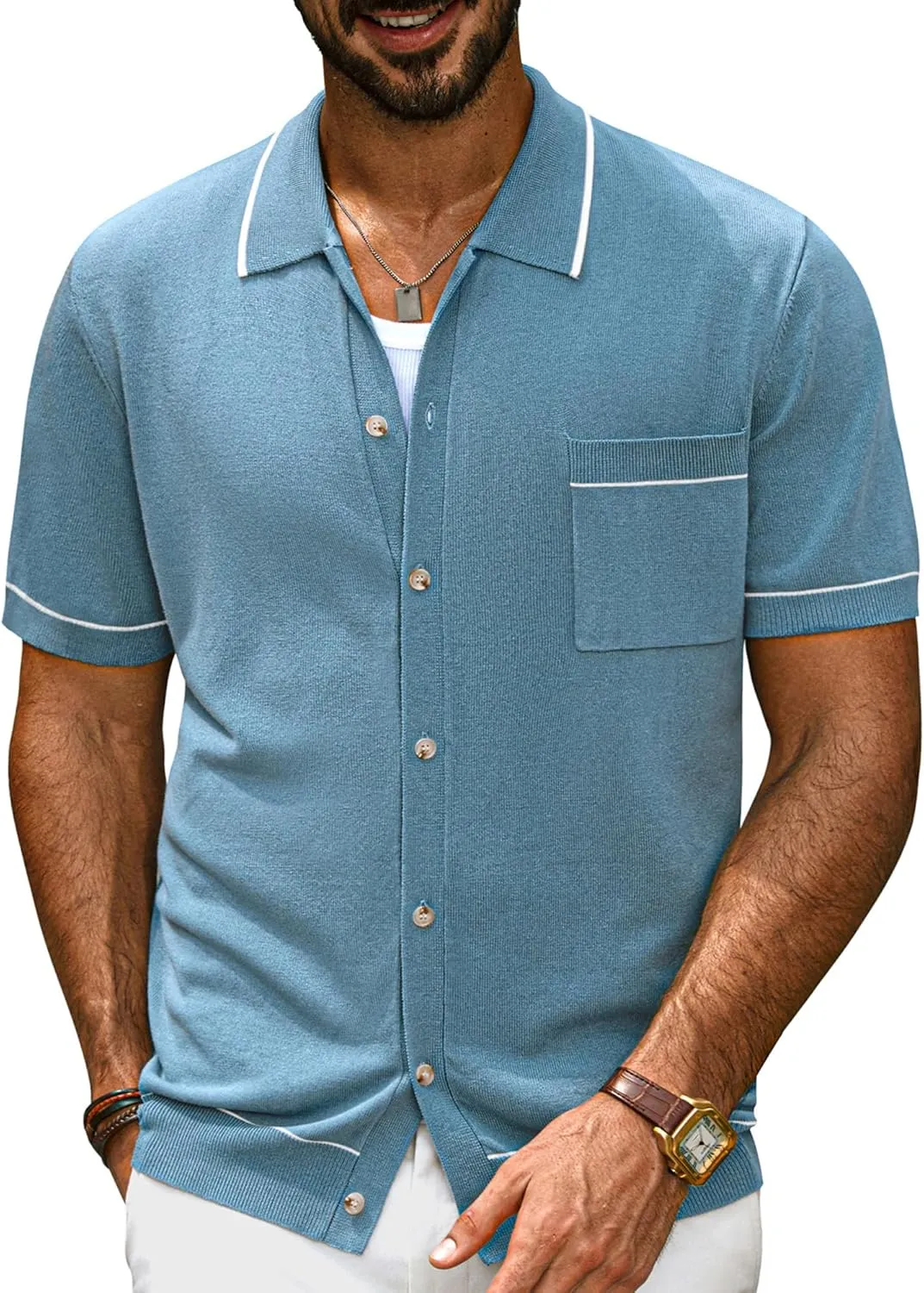 PJ PAUL JONES Men's Knit Button Down Shirts Short Sleeve Vintage Polo Shirt Casual Summer Beach Shirts