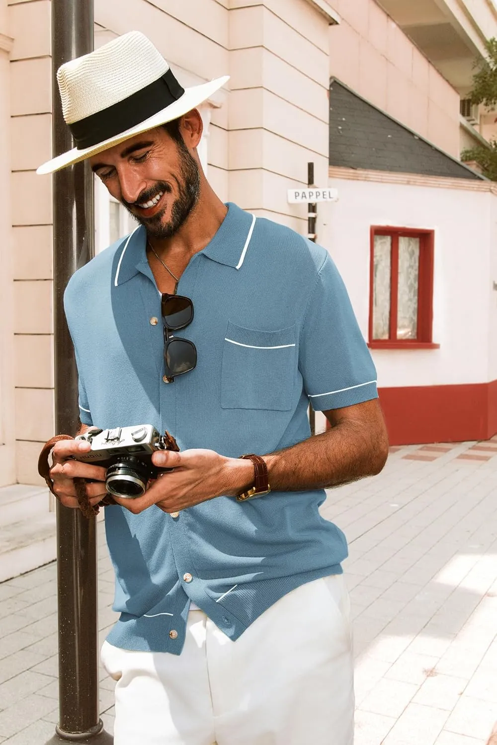 PJ PAUL JONES Men's Knit Button Down Shirts Short Sleeve Vintage Polo Shirt Casual Summer Beach Shirts