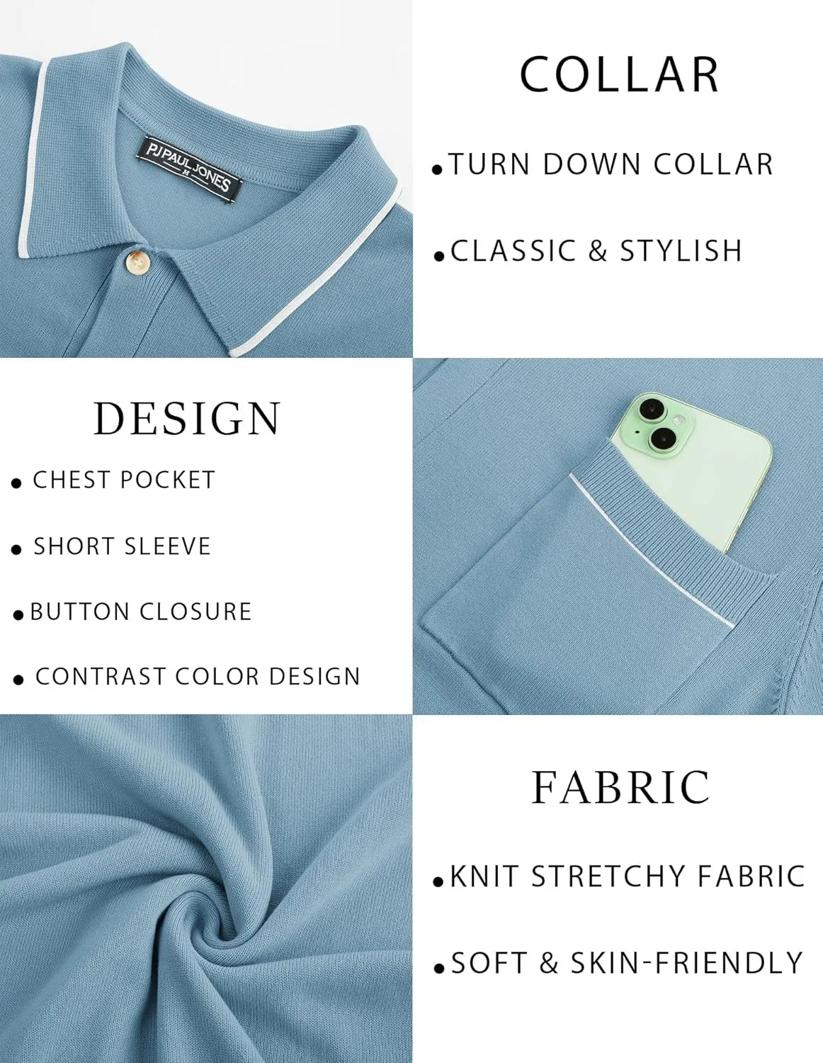 PJ PAUL JONES Men's Knit Button Down Shirts Short Sleeve Vintage Polo Shirt Casual Summer Beach Shirts