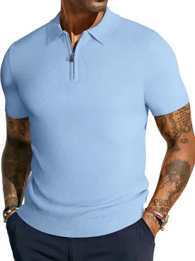 PJ PAUL JONES Men's Zipper Polo Shirt Textured Casual Knit Short Sleeve Polo T Shirt