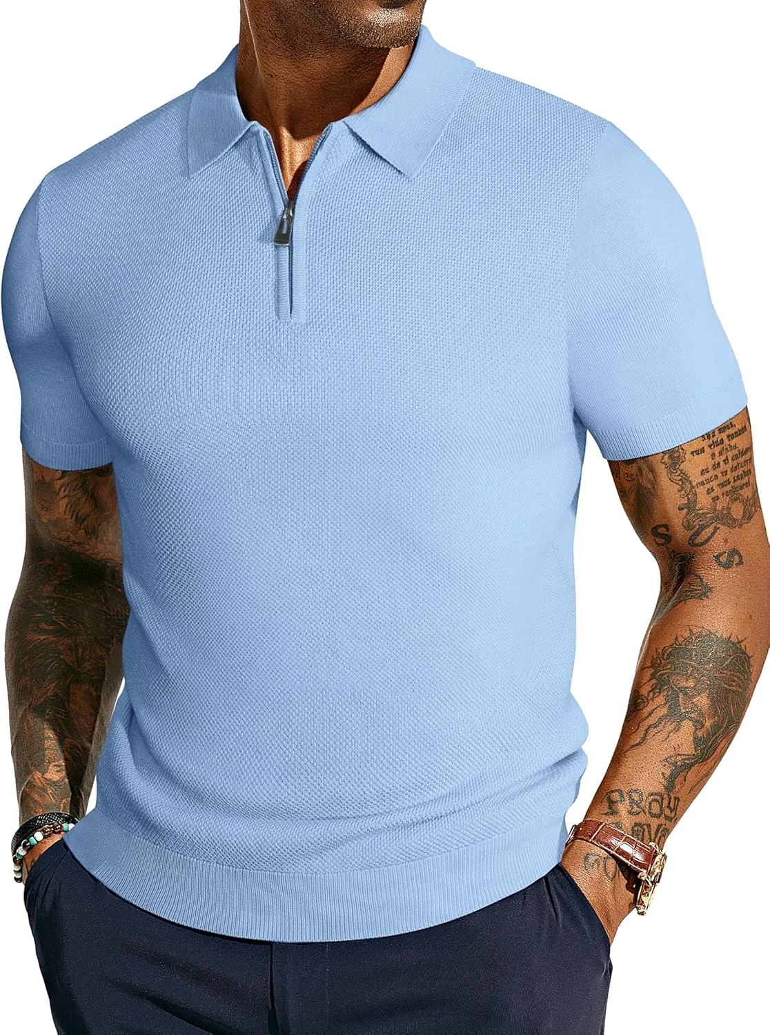 PJ PAUL JONES Men's Zipper Polo Shirt Textured Casual Knit Short Sleeve Polo T Shirt