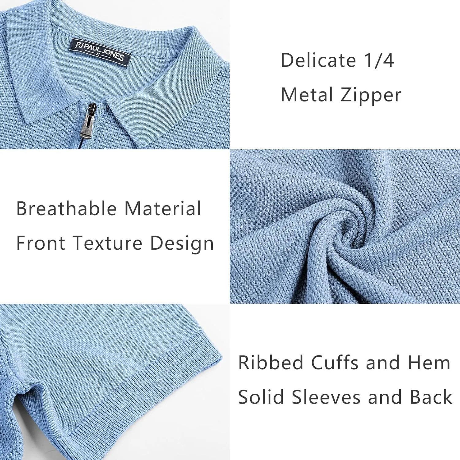 PJ PAUL JONES Men's Zipper Polo Shirt Textured Casual Knit Short Sleeve Polo T Shirt