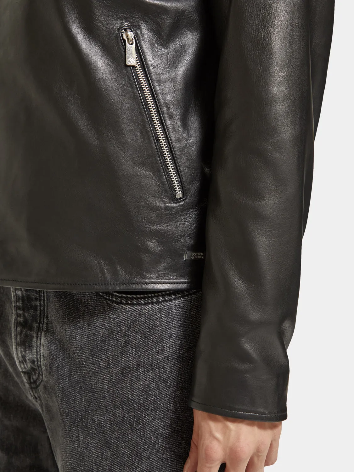 Placement print leather biker jacket