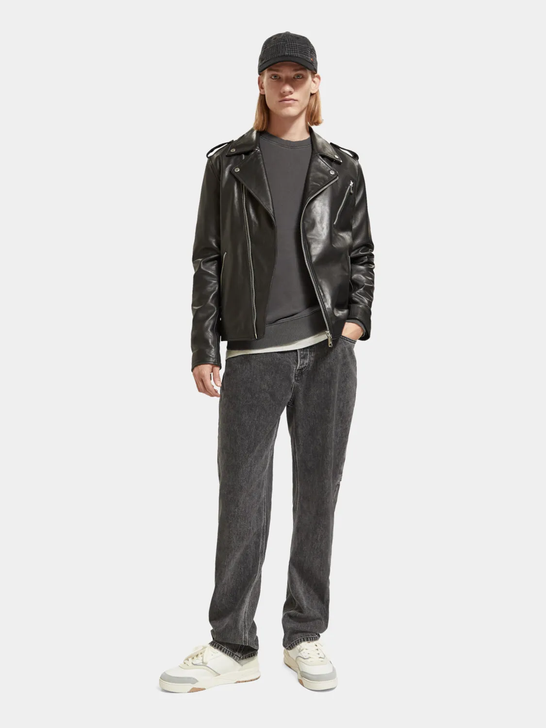 Placement print leather biker jacket