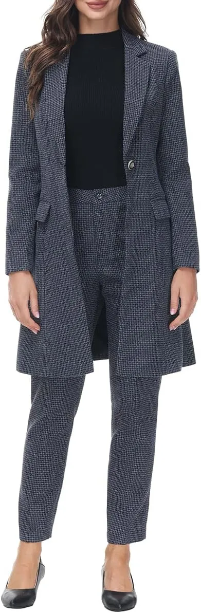 Polished Women's Red Plaid Long Business Blazer & Pants Suit Set