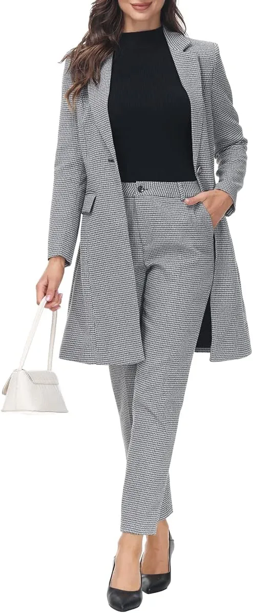 Polished Women's Red Plaid Long Business Blazer & Pants Suit Set