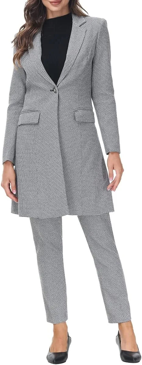 Polished Women's Red Plaid Long Business Blazer & Pants Suit Set