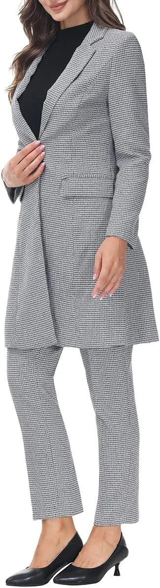 Polished Women's Red Plaid Long Business Blazer & Pants Suit Set