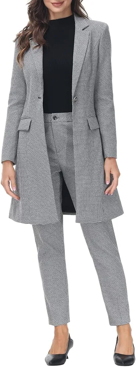 Polished Women's Red Plaid Long Business Blazer & Pants Suit Set