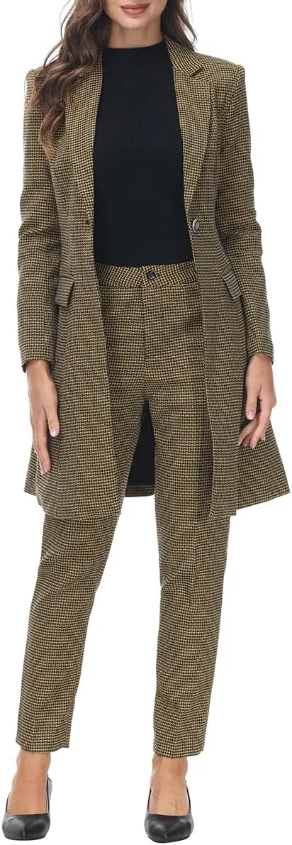 Polished Women's Red Plaid Long Business Blazer & Pants Suit Set