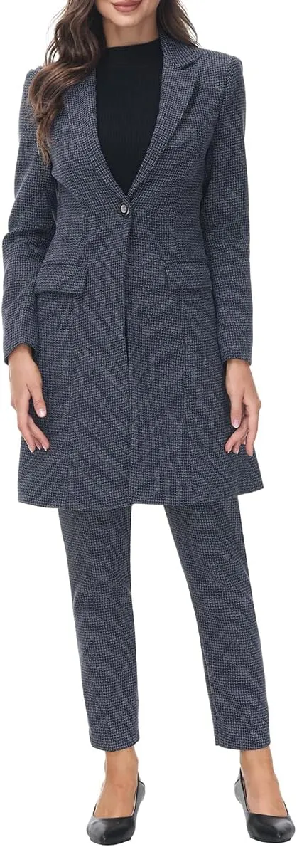 Polished Women's Red Plaid Long Business Blazer & Pants Suit Set