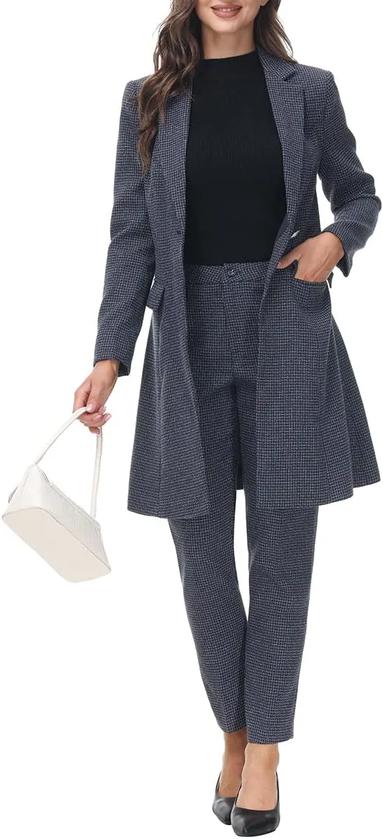 Polished Women's Red Plaid Long Business Blazer & Pants Suit Set