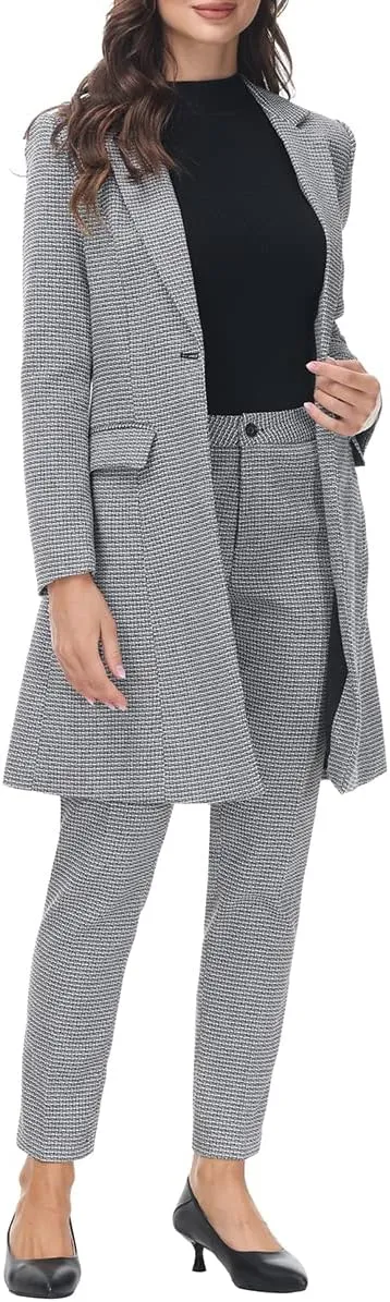 Polished Women's Red Plaid Long Business Blazer & Pants Suit Set