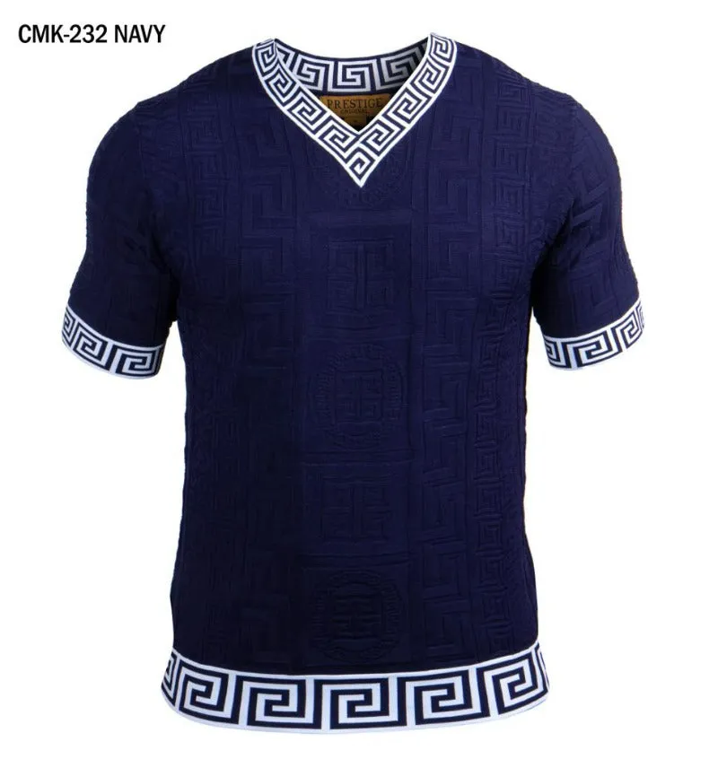 Prestige Blue V-Neck T-Shirts Greek key Collar and Sleeve Style CMK-232 Blue