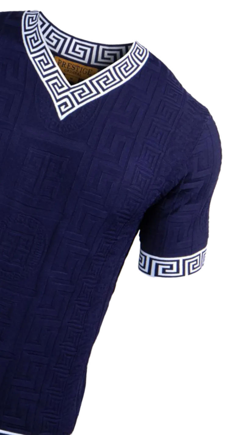 Prestige Blue V-Neck T-Shirts Greek key Collar and Sleeve Style CMK-232 Blue