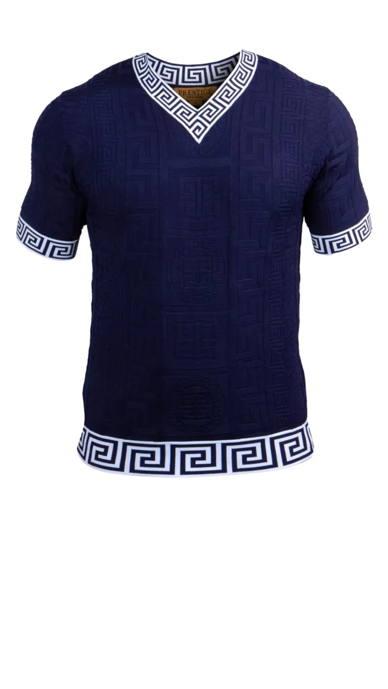 Prestige Blue V-Neck T-Shirts Greek key Collar and Sleeve Style CMK-232 Blue