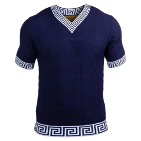 Prestige Blue V-Neck T-Shirts Greek key Collar and Sleeve Style CMK-232 Blue