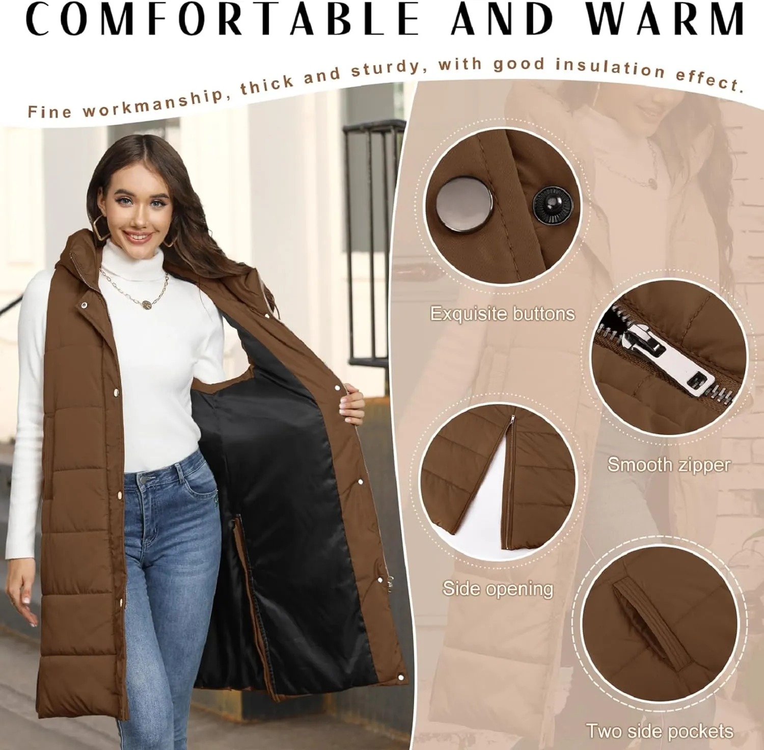 Puffer Vest for Women Long Down Hooded Vest Womens Sleeveless Zip Up Jacket Winter Thick Coats with Pockets
