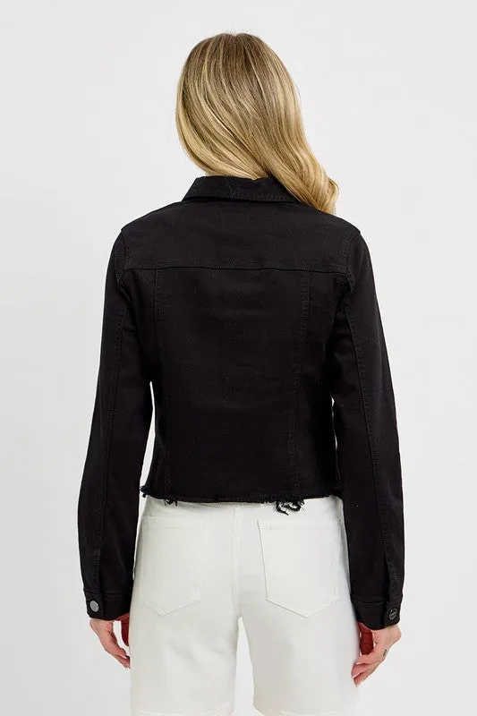 Raw Hem Button Up RISEN Denim Jacket in Black