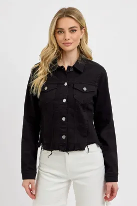 Raw Hem Button Up RISEN Denim Jacket in Black