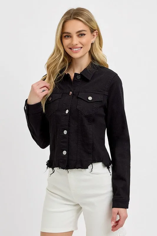 Raw Hem Button Up RISEN Denim Jacket in Black