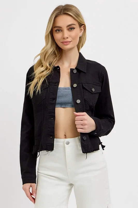 Raw Hem Button Up RISEN Denim Jacket in Black