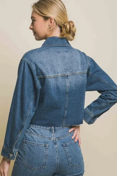 Raw Hem Medium Wash Button Up Cropped Denim Jacket
