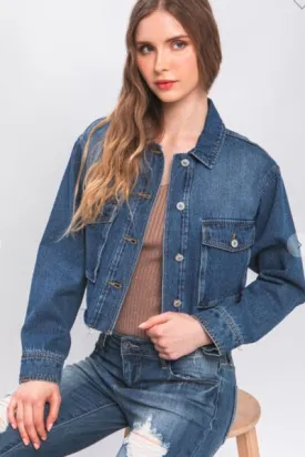 Raw Hem Medium Wash Button Up Cropped Denim Jacket