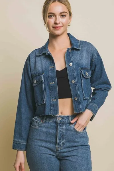Raw Hem Medium Wash Button Up Cropped Denim Jacket