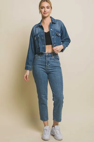 Raw Hem Medium Wash Button Up Cropped Denim Jacket