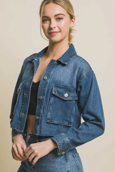 Raw Hem Medium Wash Button Up Cropped Denim Jacket