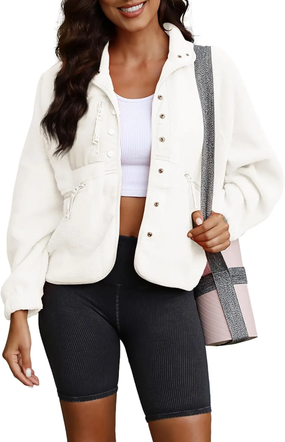 ReachMe Womens Sherpa Jacket Casual Lapel Button Down Cropped Fuzzy Fleece Jackets Long Sleeve Winter Coats with Pockets