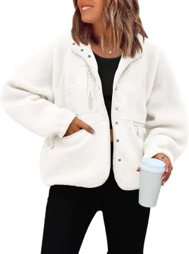 ReachMe Womens Sherpa Jacket Casual Lapel Button Down Cropped Fuzzy Fleece Jackets Long Sleeve Winter Coats with Pockets