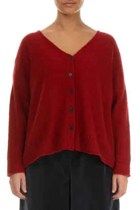 Ribbed V-Neck Red Wool Cardigan