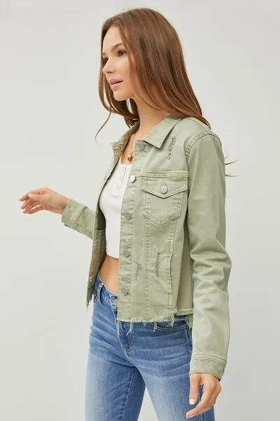 RISEN Full Size Raw Hem Button Up Cropped Denim Jacket Plus Size