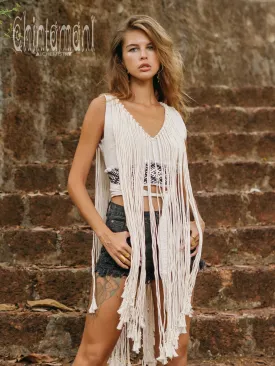 Rope Necklace Boho Top with Tribal Belt / Light Gray